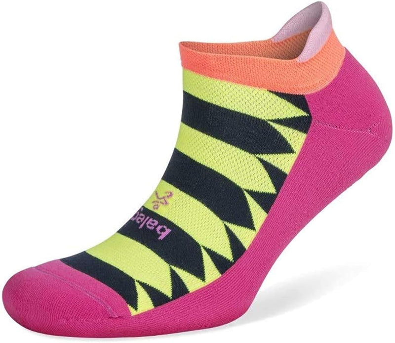 Colorful sock with pink, green, and black pattern on a white background